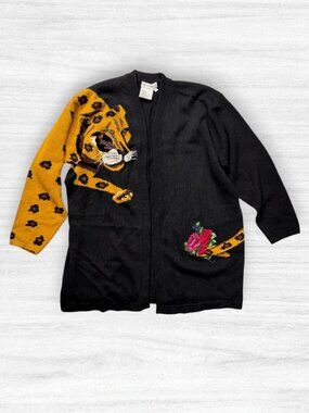 Vintage 90s Shell Kepler Leopard Tiger 3D Embroidered Rose Cardigan Sweater 1X